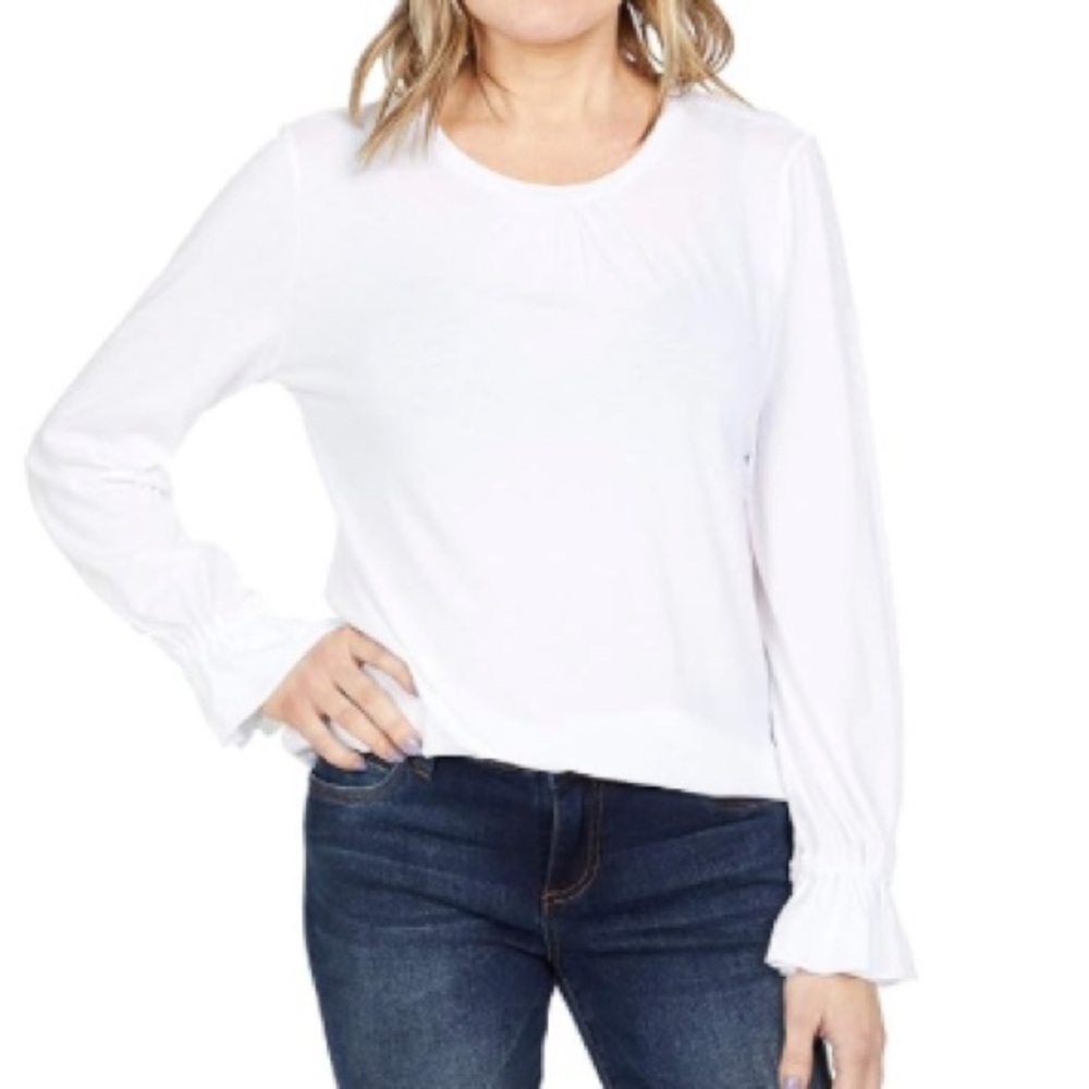 CABLE & GAUGE Women Boatneck Raffle Trim Long Sleeves White Sweater Top …